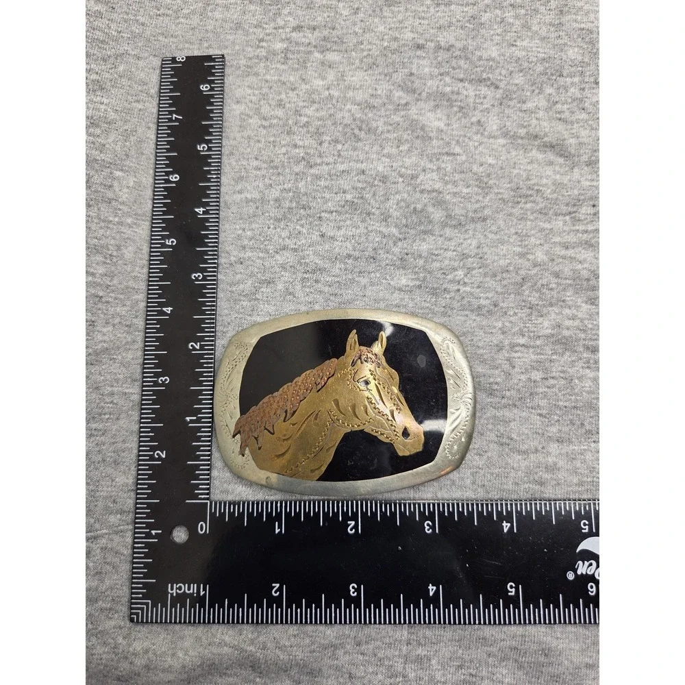 Vintage German Silver Black Enamel Brass Inlay Stallion Horse Belt Buckle